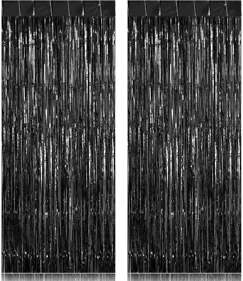 TOTAFAM 2 Pack Fringe Curtains Backdrops, Foil Fringe Curtains, Door Streamers for Birthday Wedding Bridal Shower Holiday Graduation Party Decorations, Photo Booth Backdrops, Black - Image 1